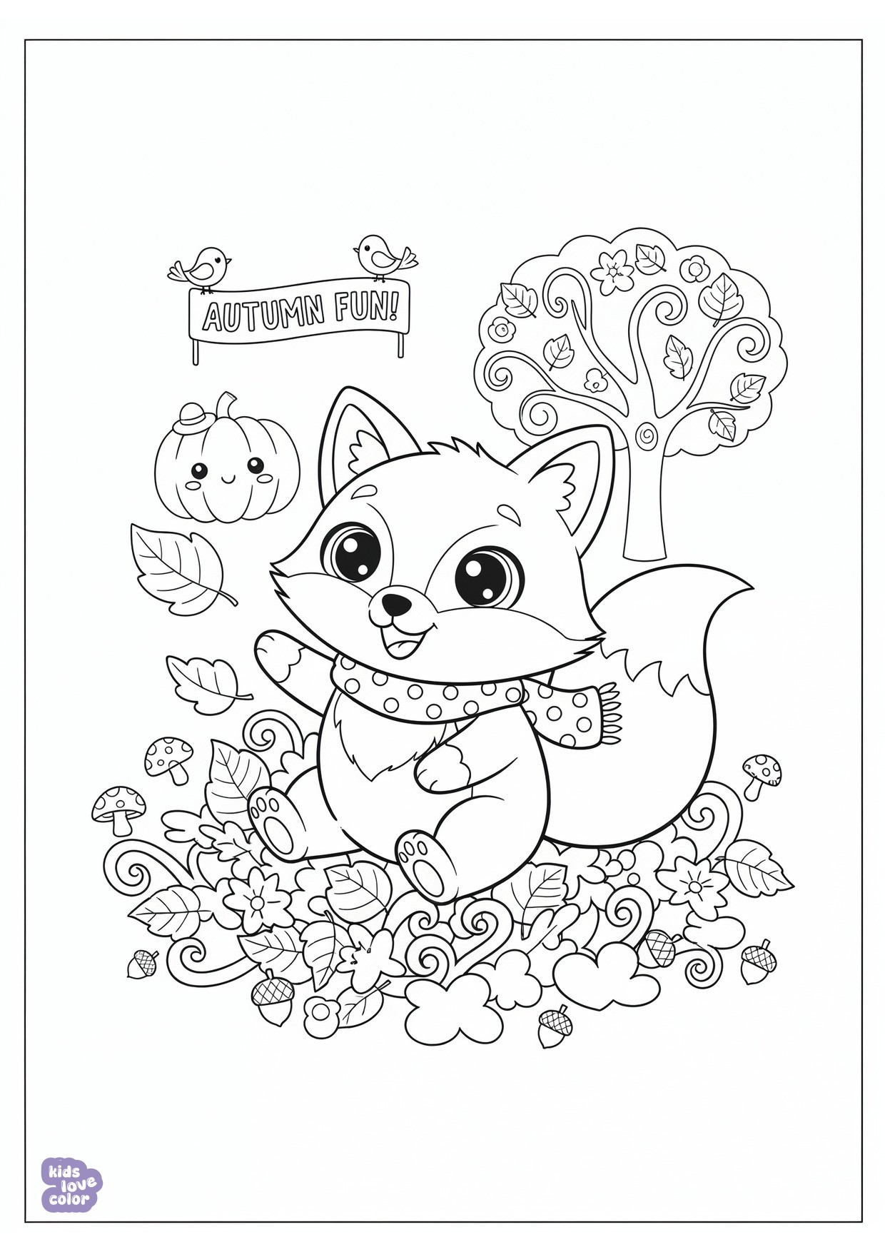 Gratis kleurplaat kawaii vosje spelend in herfstbladeren – kinderen