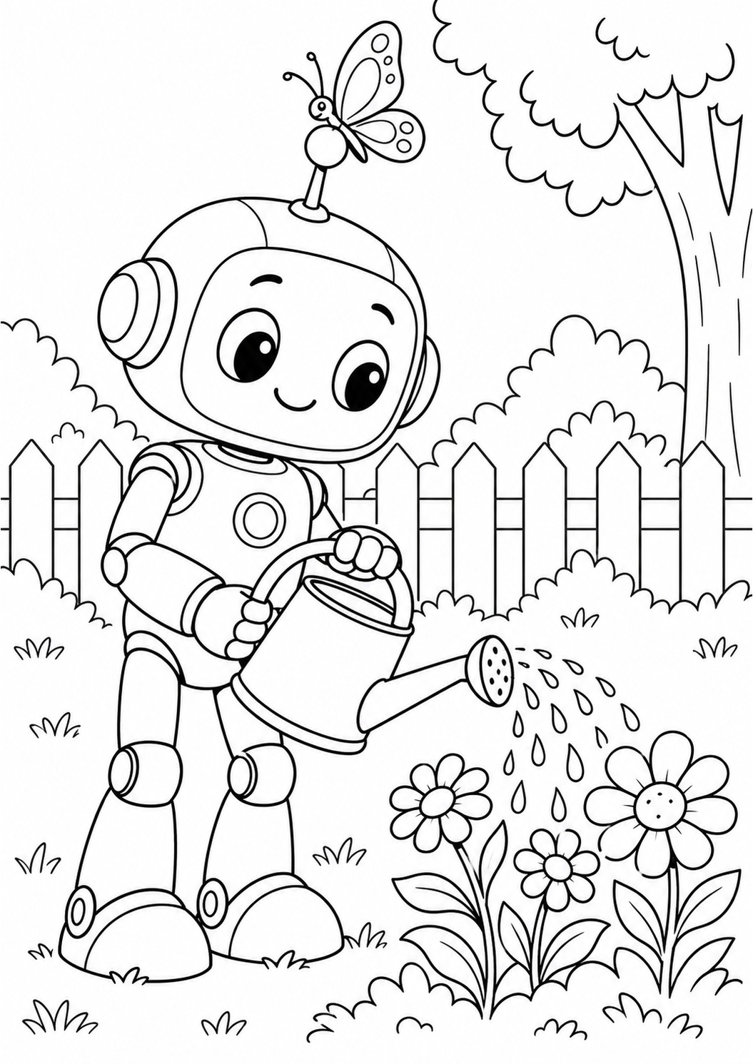 Kleurplaat: Robot Verzorgt de Bloementuin