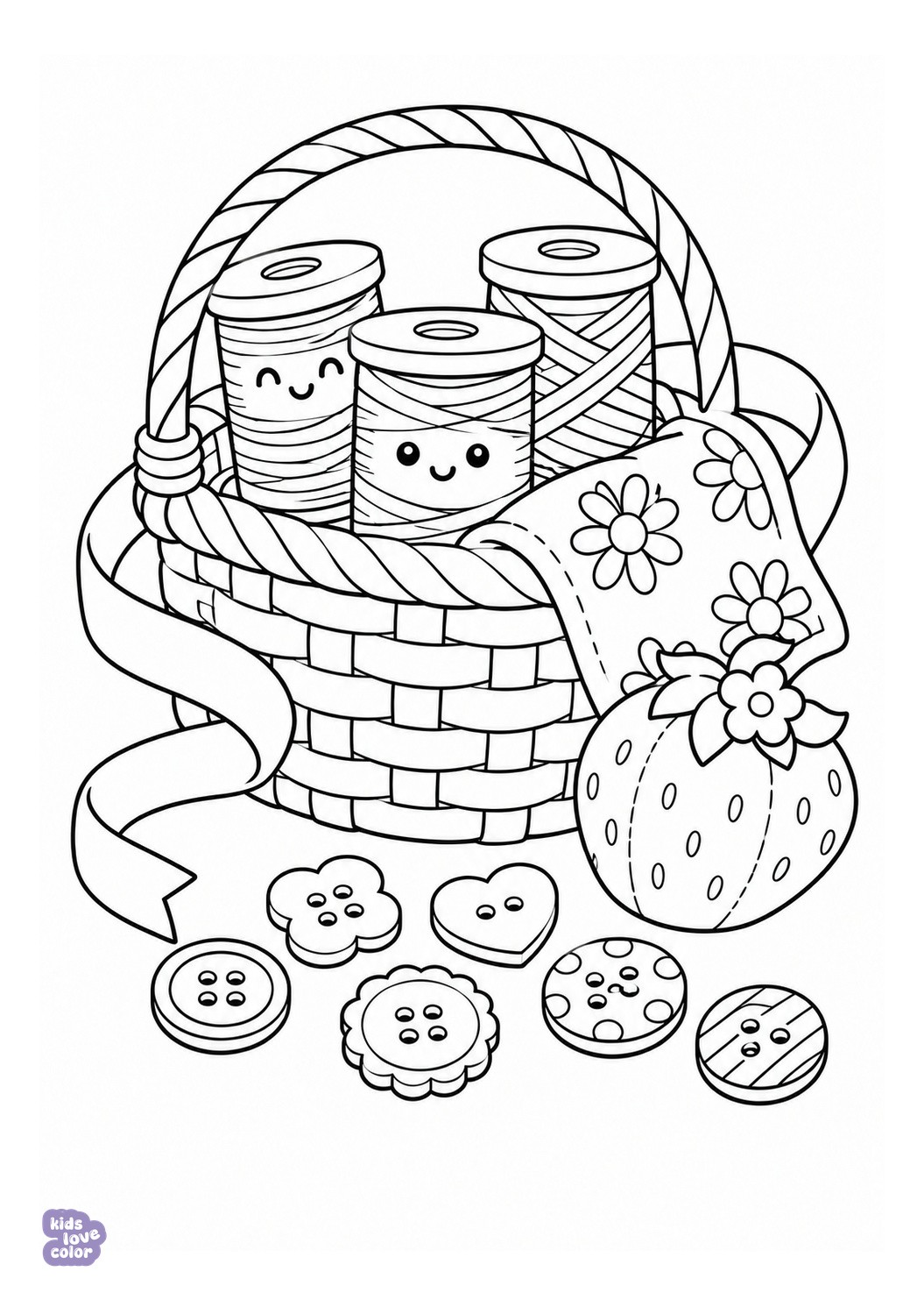 Naaimand met garenklosjes, bloemendoek, lint, knopen en een aardbeienkussentje.