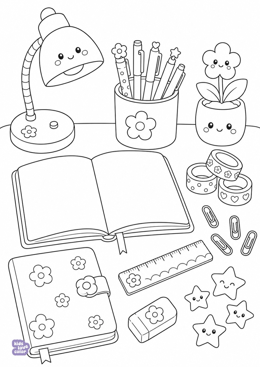 Gratis kleurplaat kawaii bureau vol schrijfspullen – kinderen