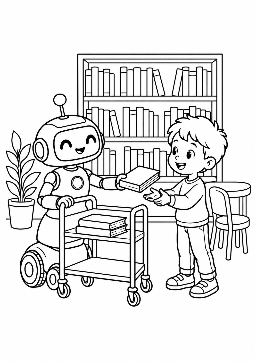 Kleurplaat: Bibliotheekrobot met Boekenkar