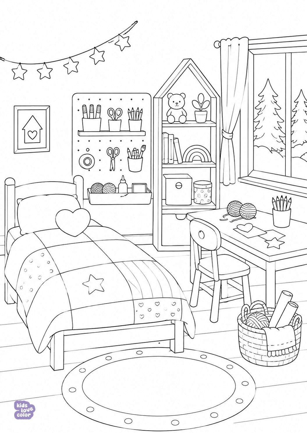 Gratis kleurplaat scandinavische knutselslaapkamer – kinderen