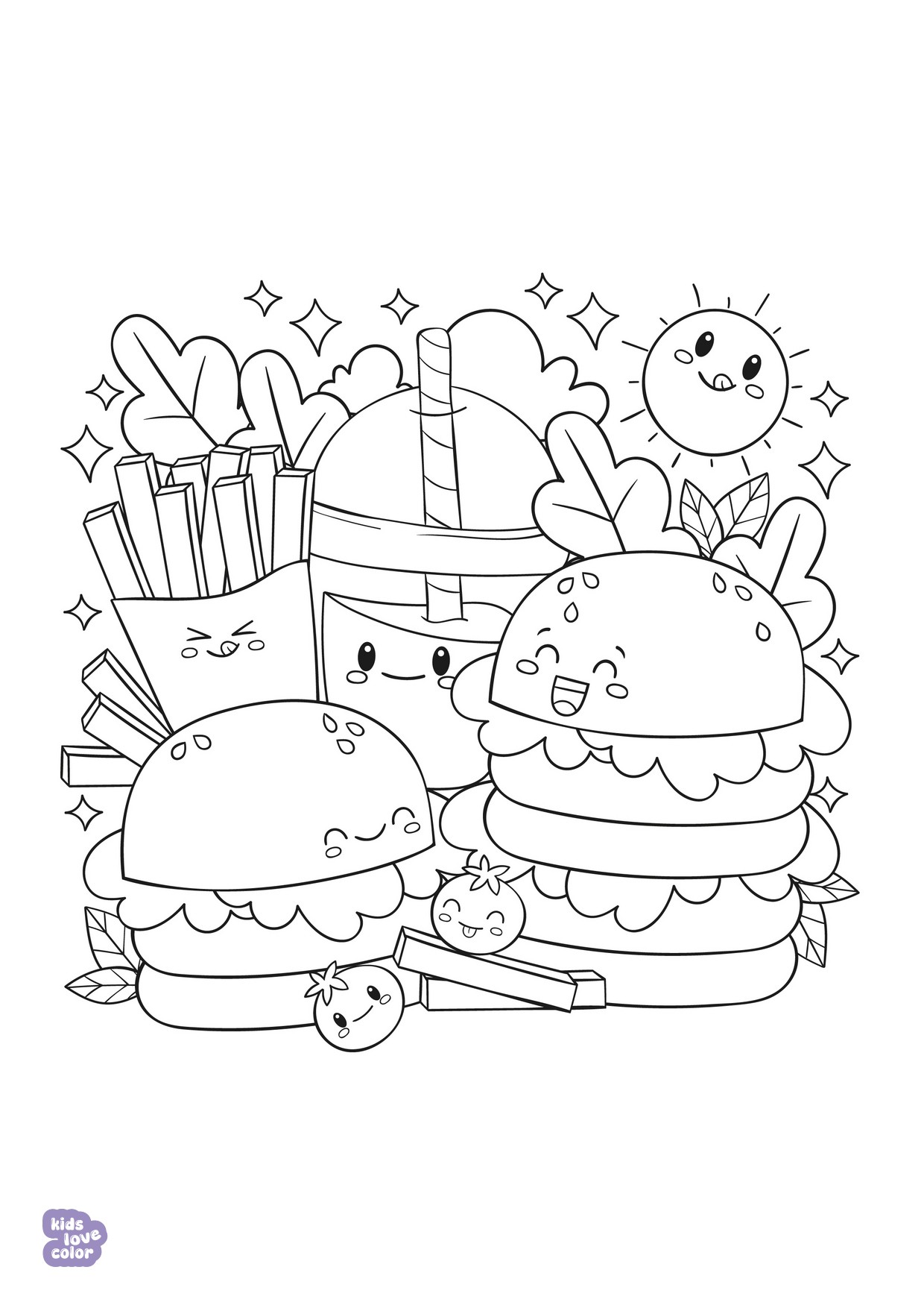 Gratis kawaii kleurplaat hamburgers – kinderen