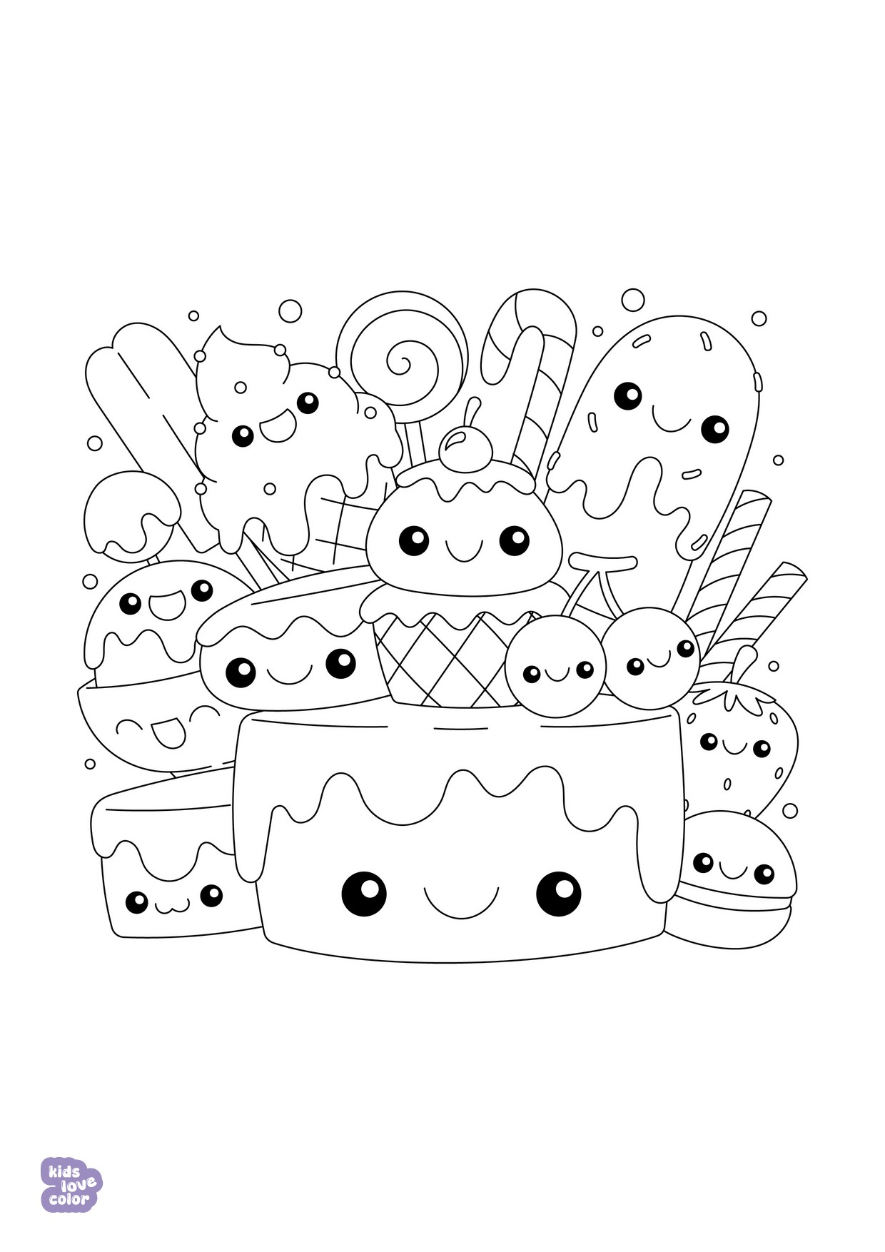 Gratis kawaii kleurplaat taart feest – kinderen