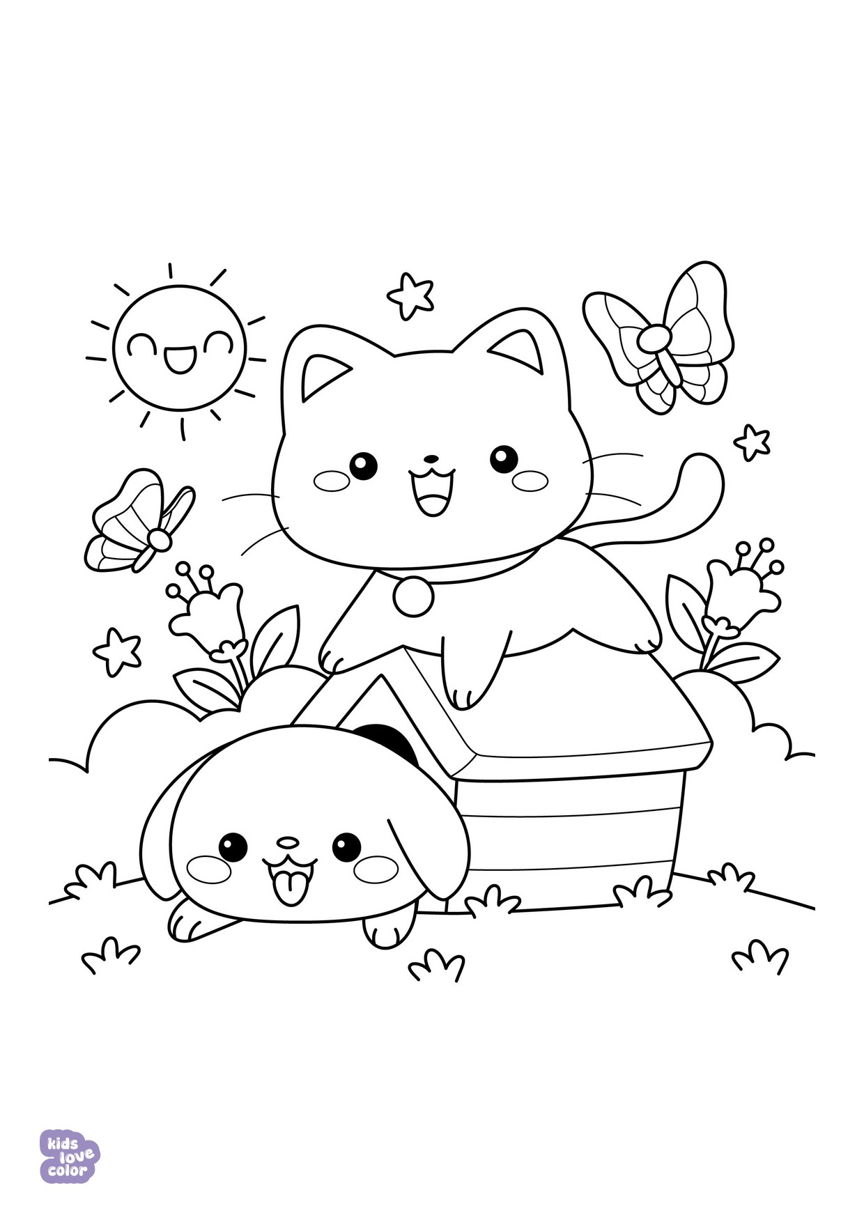 Gratis kawaii kleurplaat kat en hond – kinderen