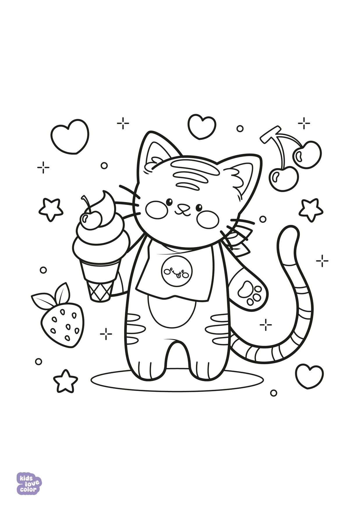 Gratis kawaii kleurplaat kat met ijsje – kinderen