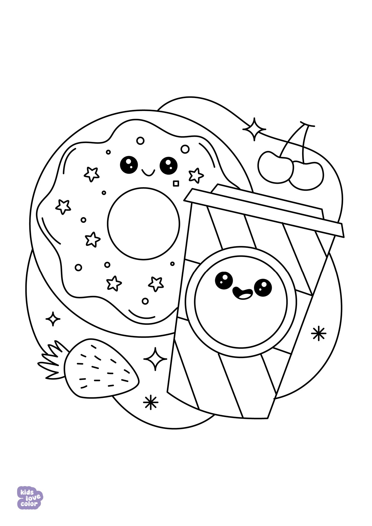 Gratis kleurplaat kawaii donut en sap – kinderen
