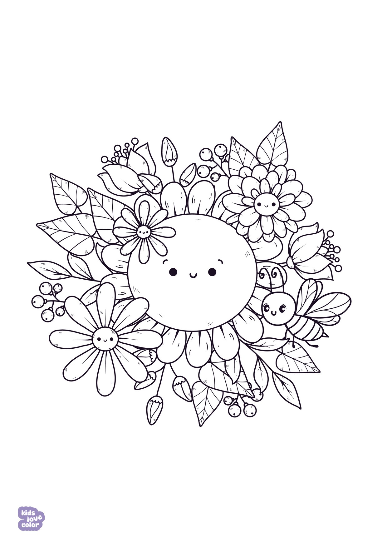 Gratis kawaii kleurplaat bloemen en zon – kinderen