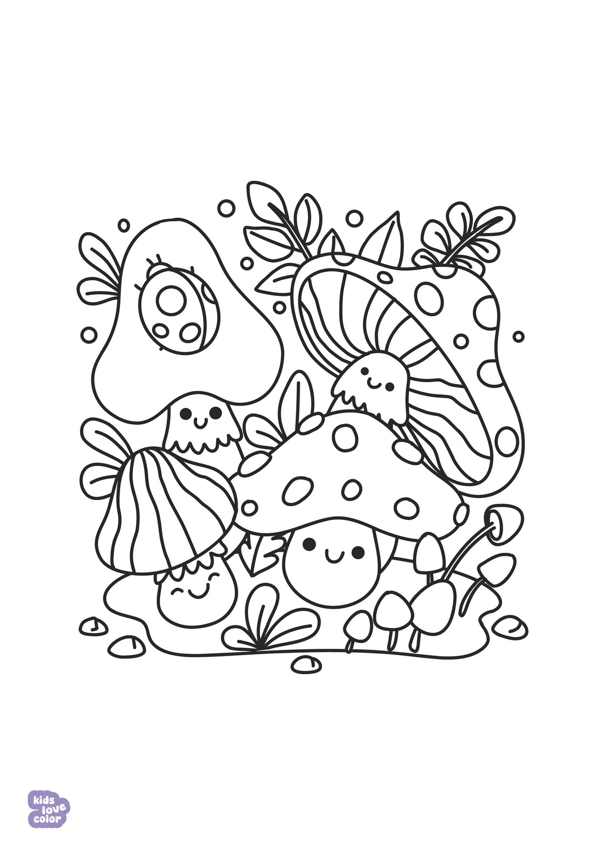 Gratis kawaii kleurplaat paddenstoelen tafereel – kinderen