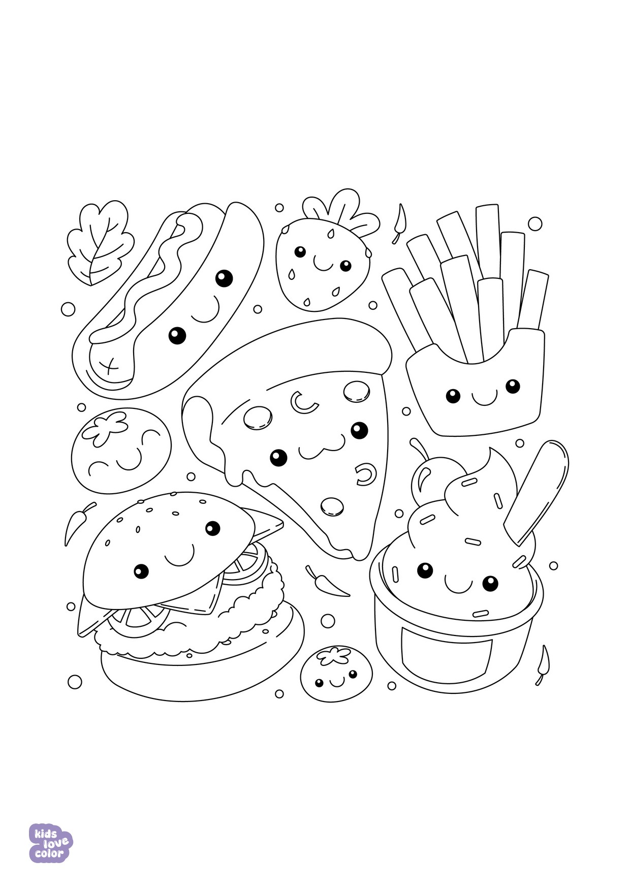 Gratis kawaii kleurplaat pizza en vrienden – kinderen