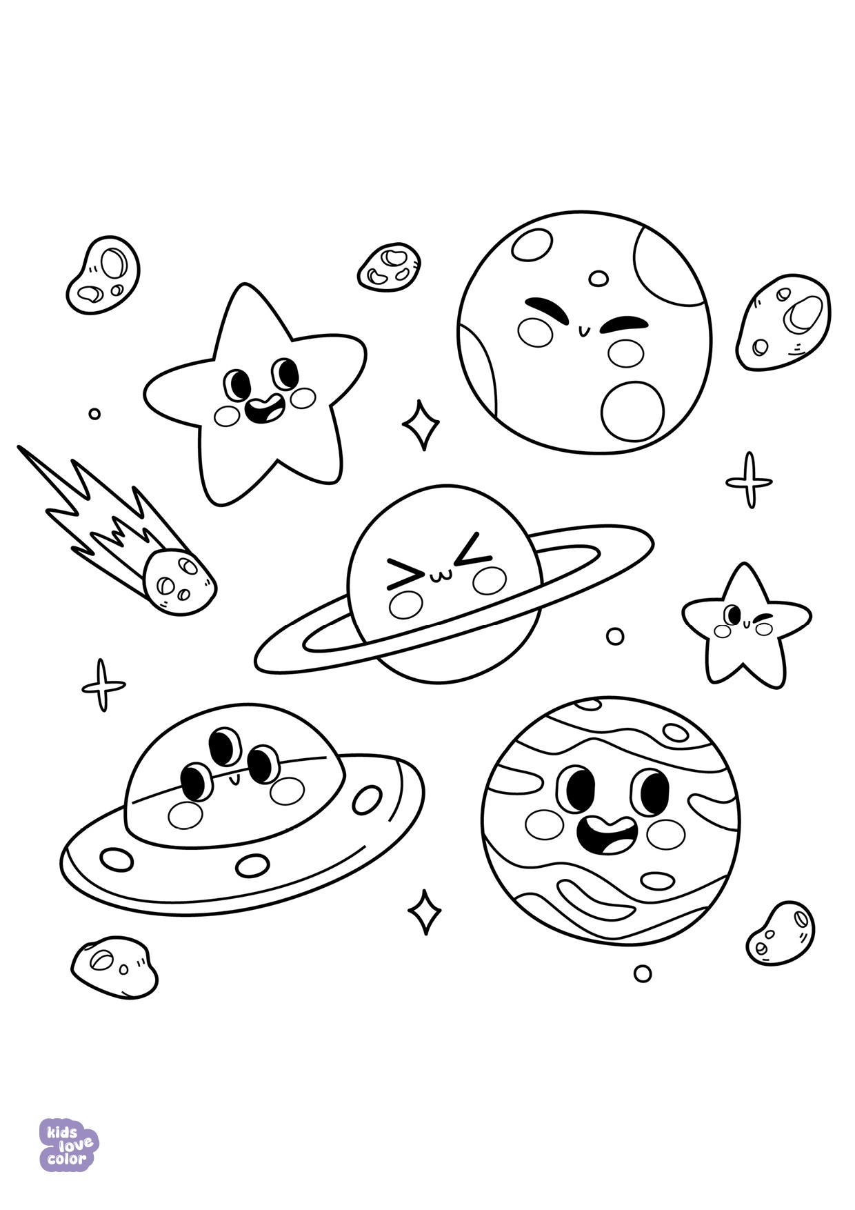 Gratis kleurplaat kawaii planeten en sterren – kinderen