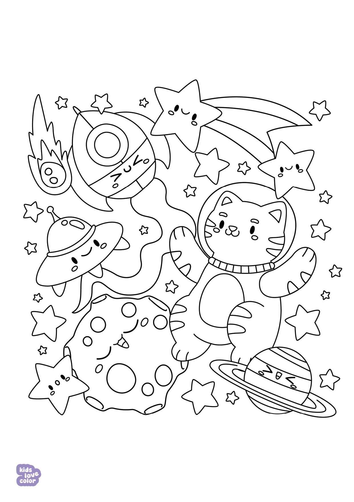 Gratis kleurplaat kawaii ruimte kat – kinderen