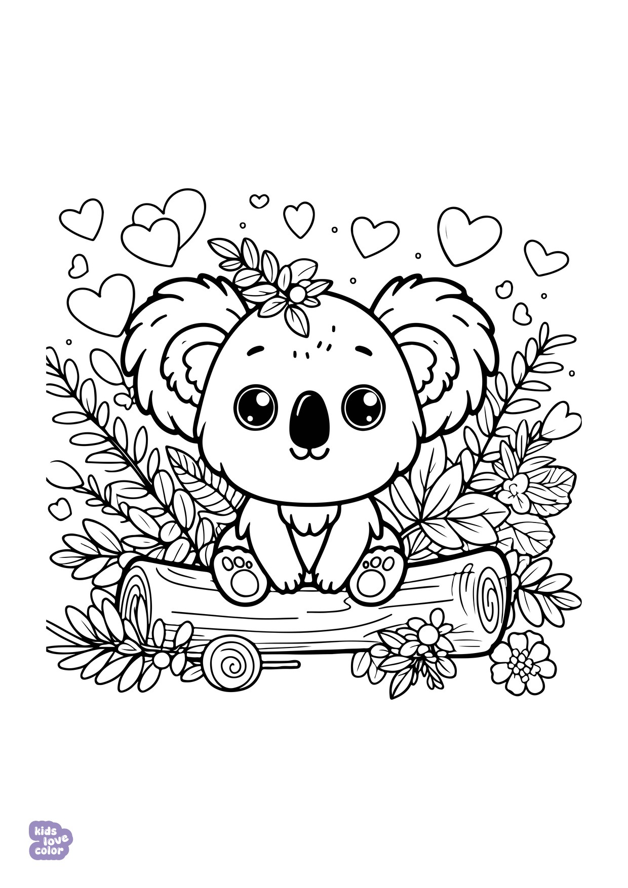 Gratis kleurplaat koala met bloemen – kinderen