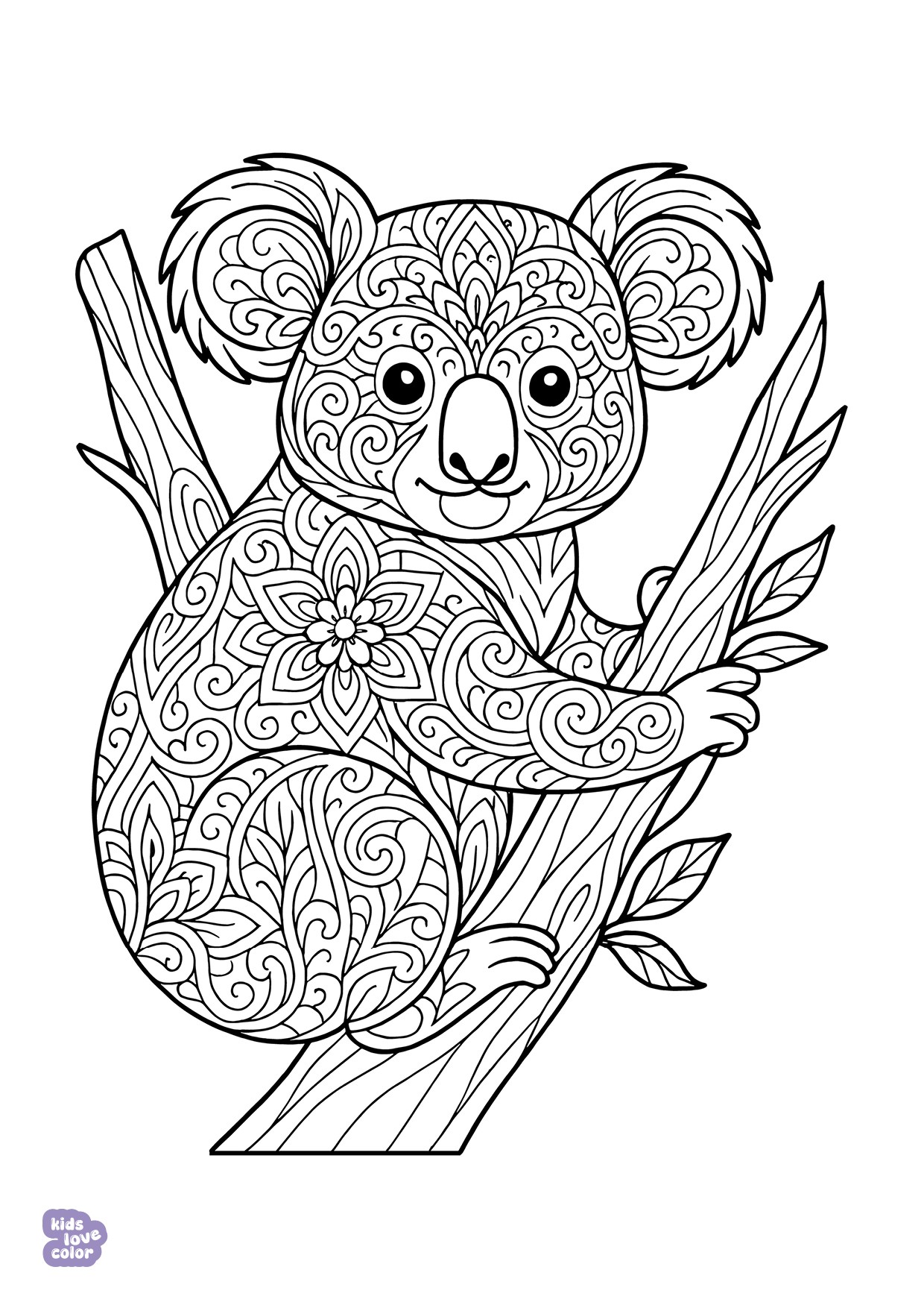 Gratis kleurplaat koala mandala op tak – kinderen