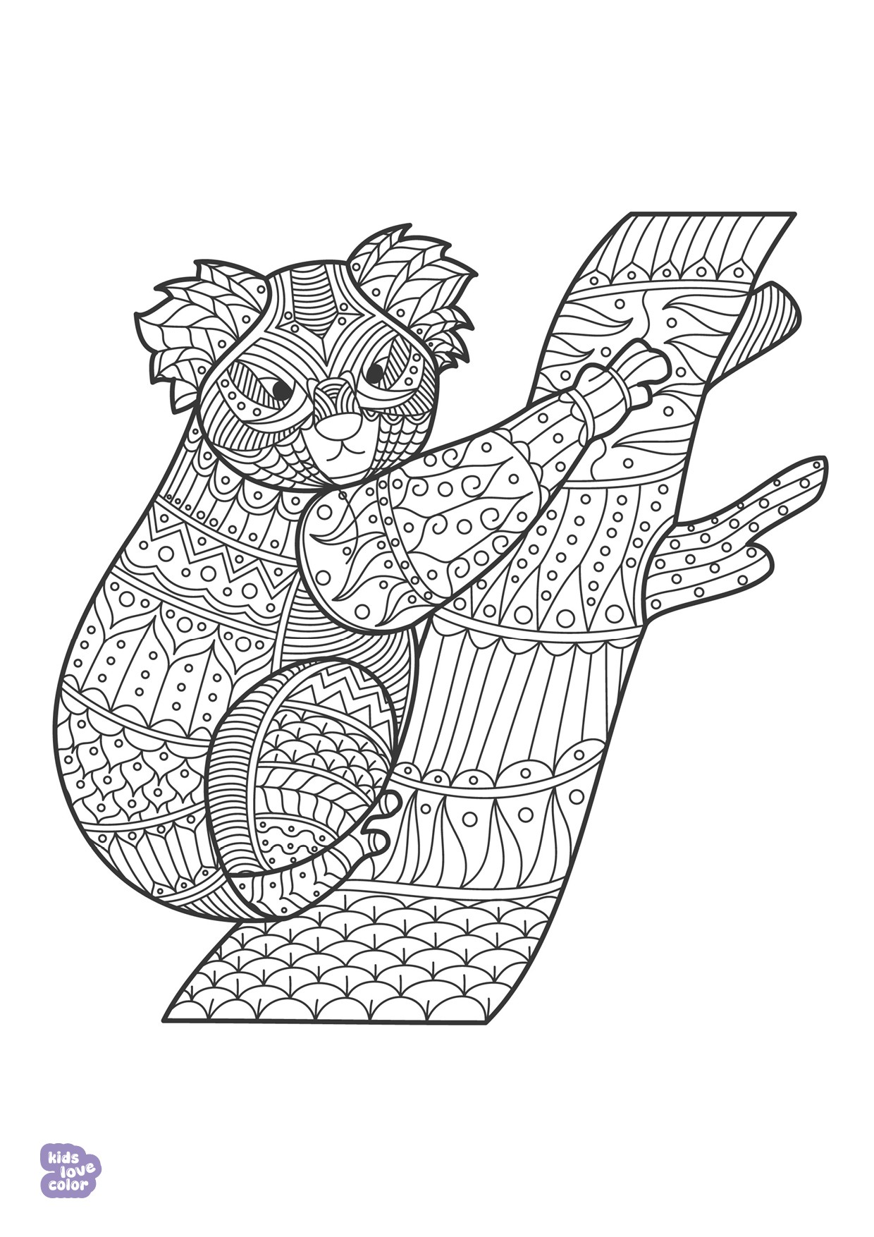 Gratis kleurplaat koala mandala klimmen – kinderen