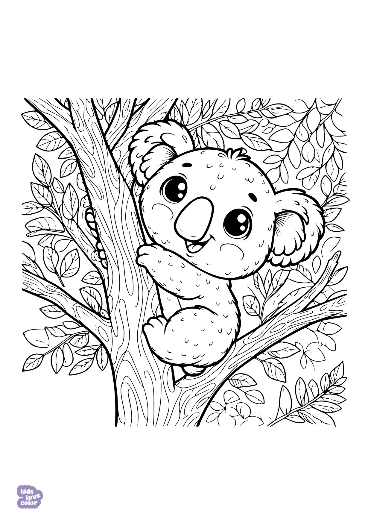 Gratis kleurplaat koala in de boom – kinderen