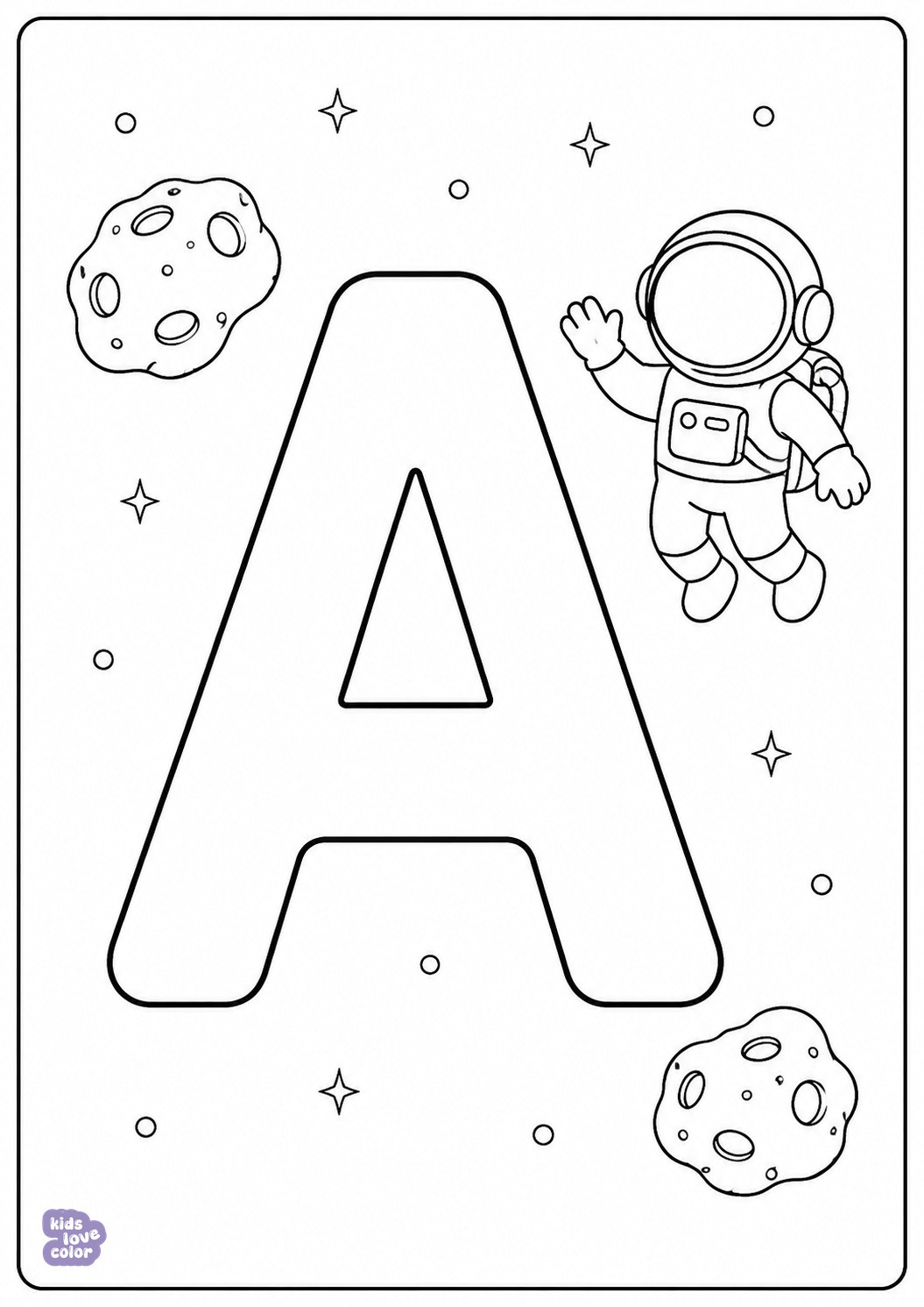 Gratis leerkleurplaat van hoofdletter A met een astronaut