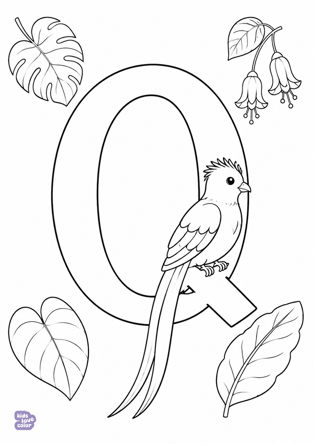 Gratis letterkleurplaat met een grote Q en een quetzal