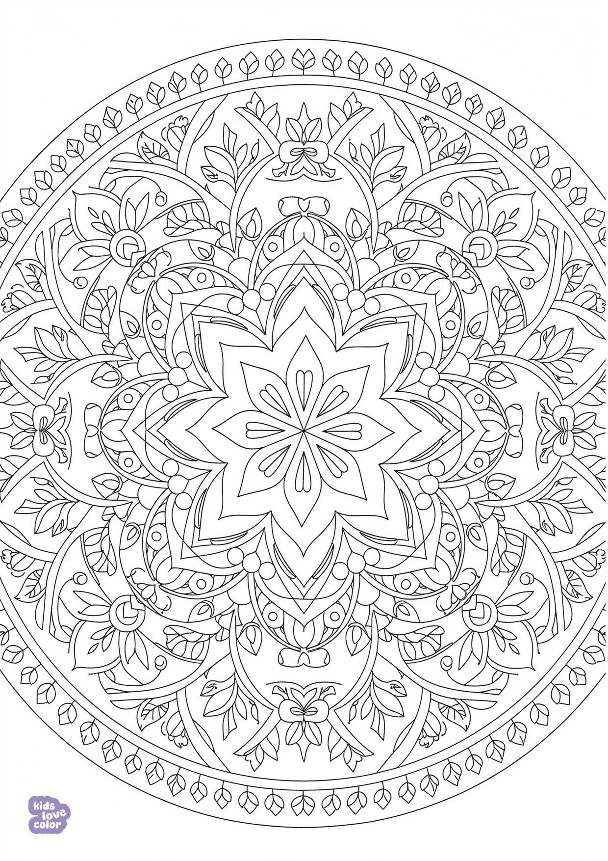 Gratis kleurplaat bloemenmandala patroon met bladeren – kinderen