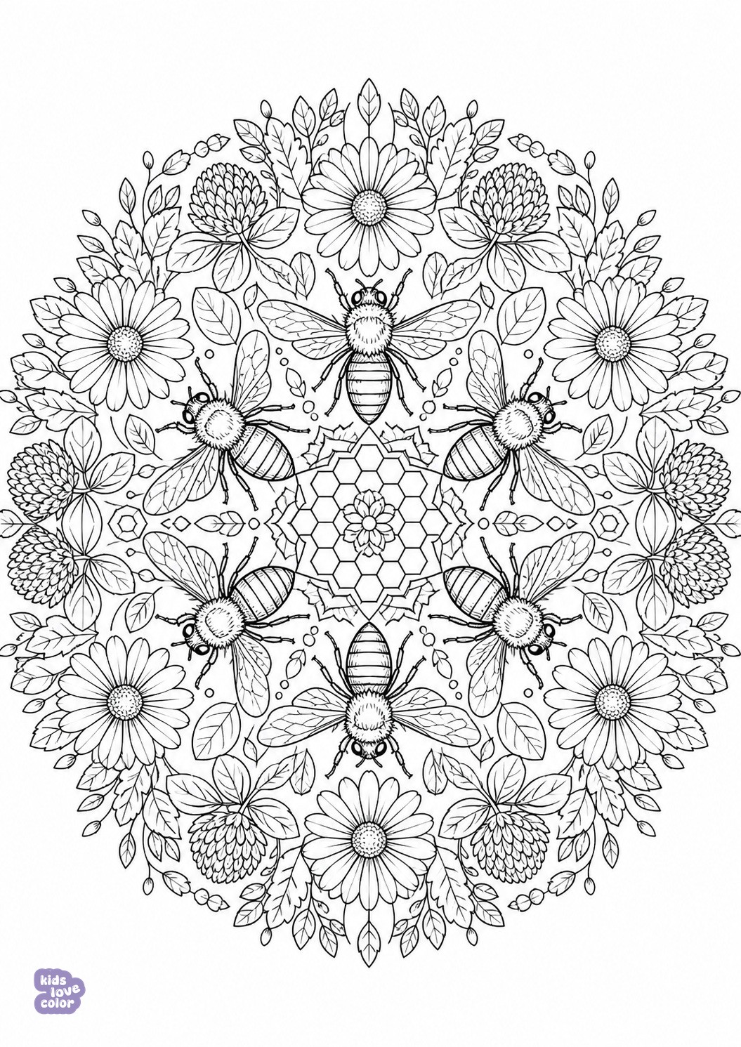 Gedetailleerde ronde mandala met zes bijen, honingraatcellen en symmetrische wilde bloemen
