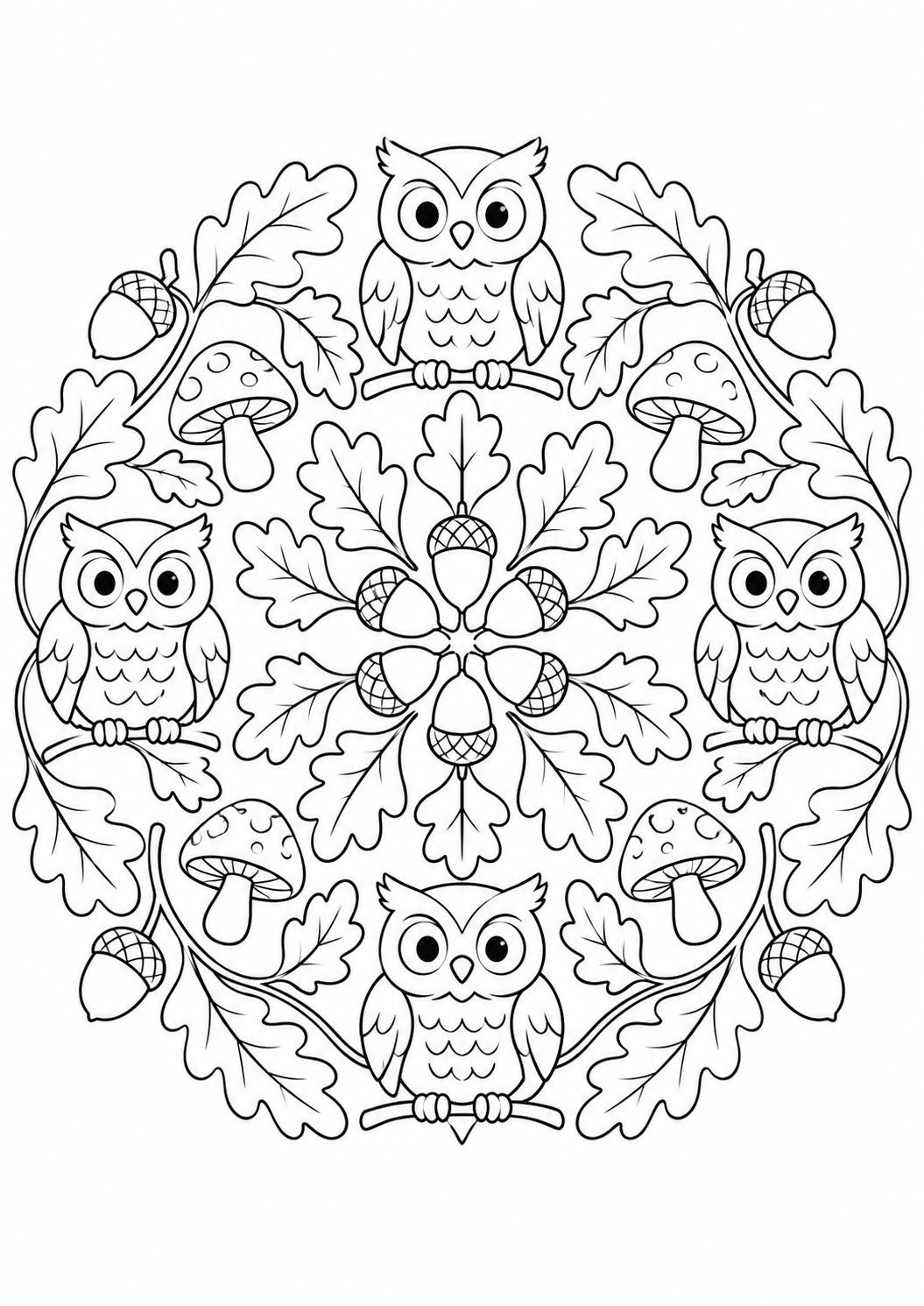 Kleurplaat: Herfstmandala met Uilen en Eikels