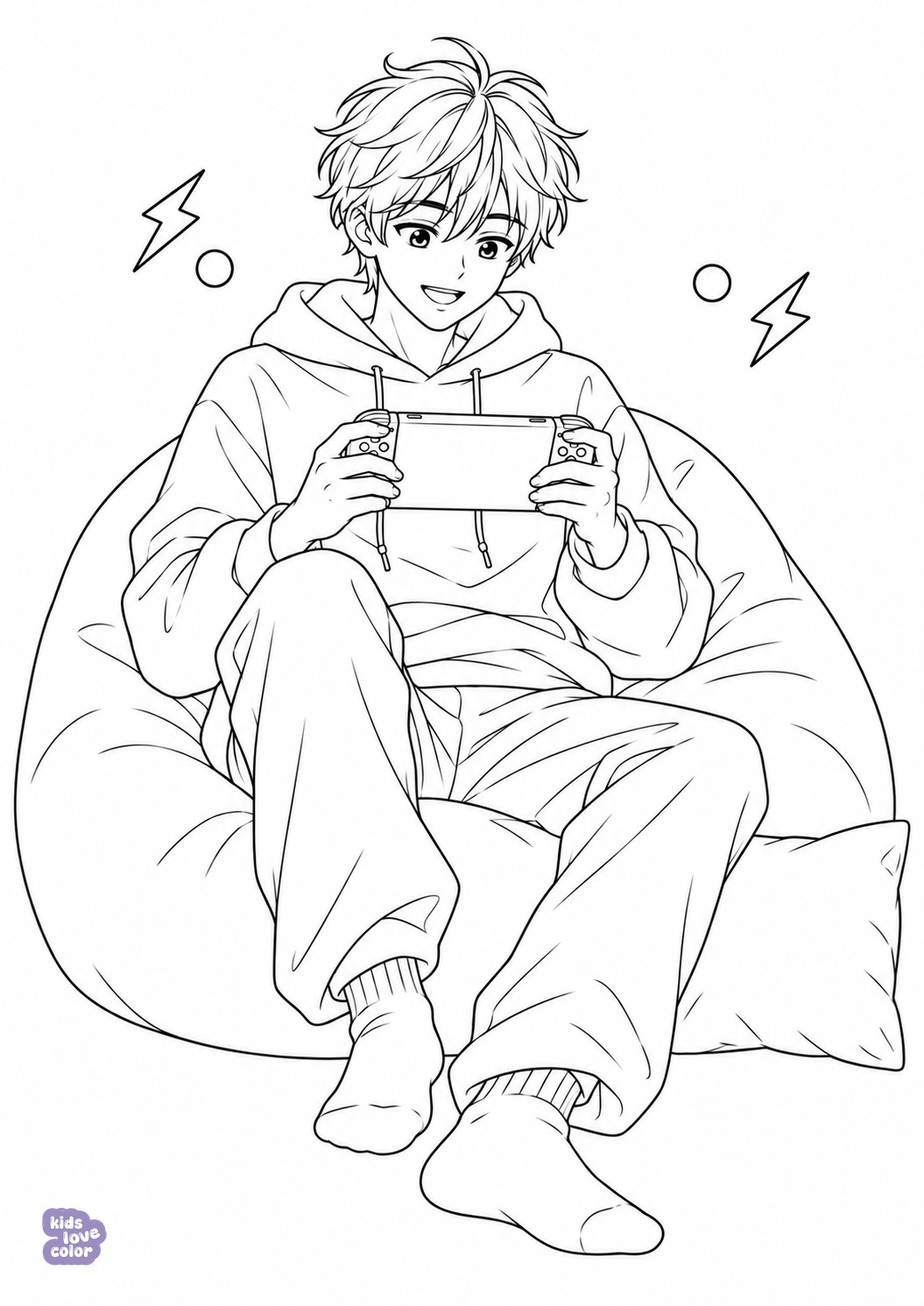 Gratis kleurplaat manga-jongen speelt een handheld game – kinderen