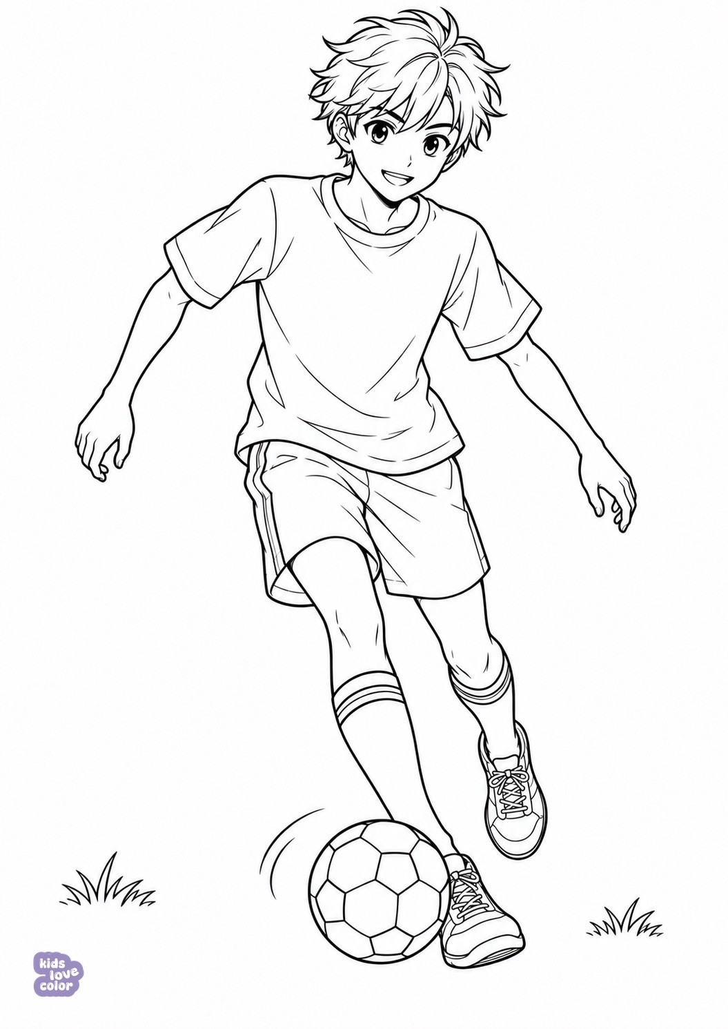 Gratis kleurplaat manga-jongen speelt voetbal – kinderen