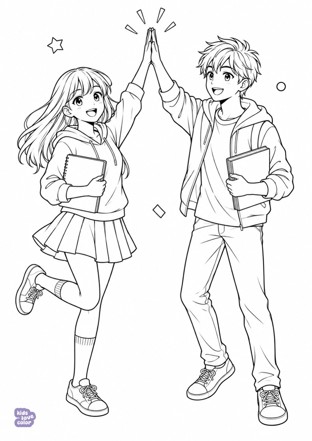 Gratis kleurplaat manga-vrienden geven een high five – kinderen