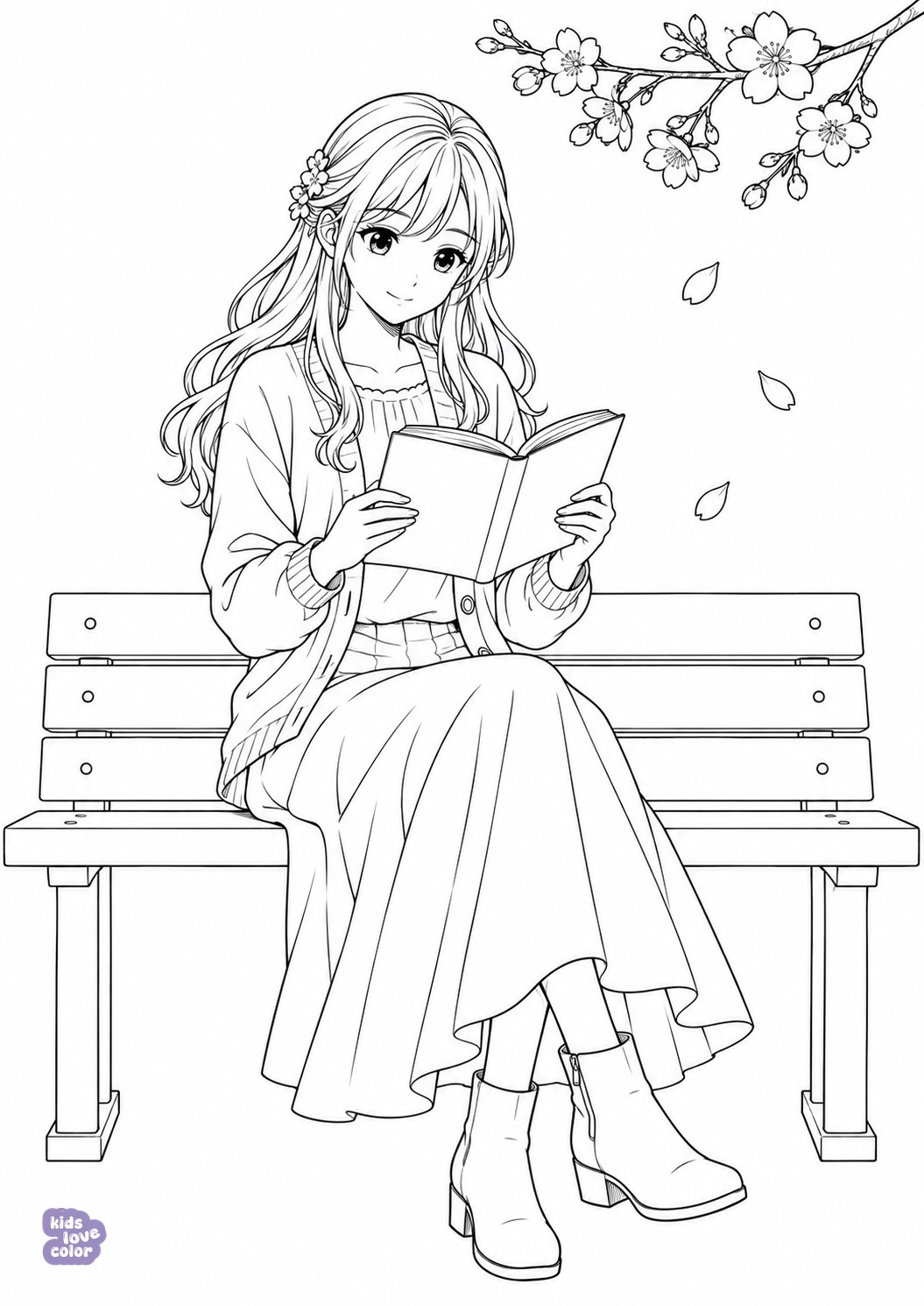 Gratis kleurplaat manga-meisje leest onder kersenbloesem – kinderen