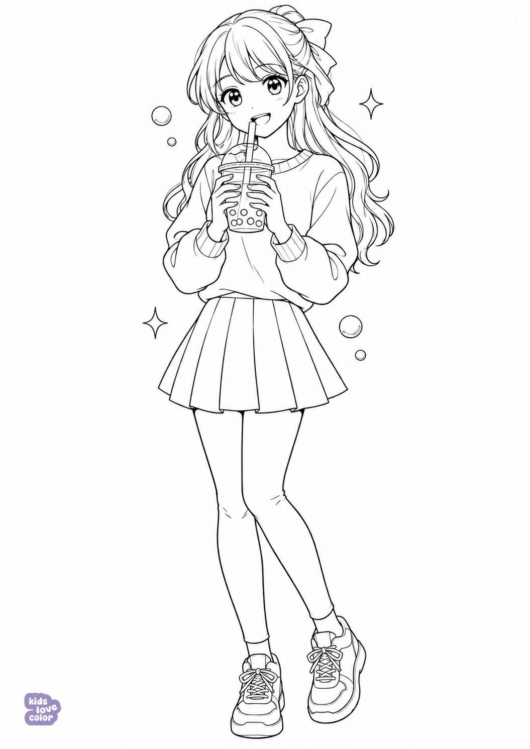 Gratis kleurplaat manga-meisje met bubble tea – kinderen