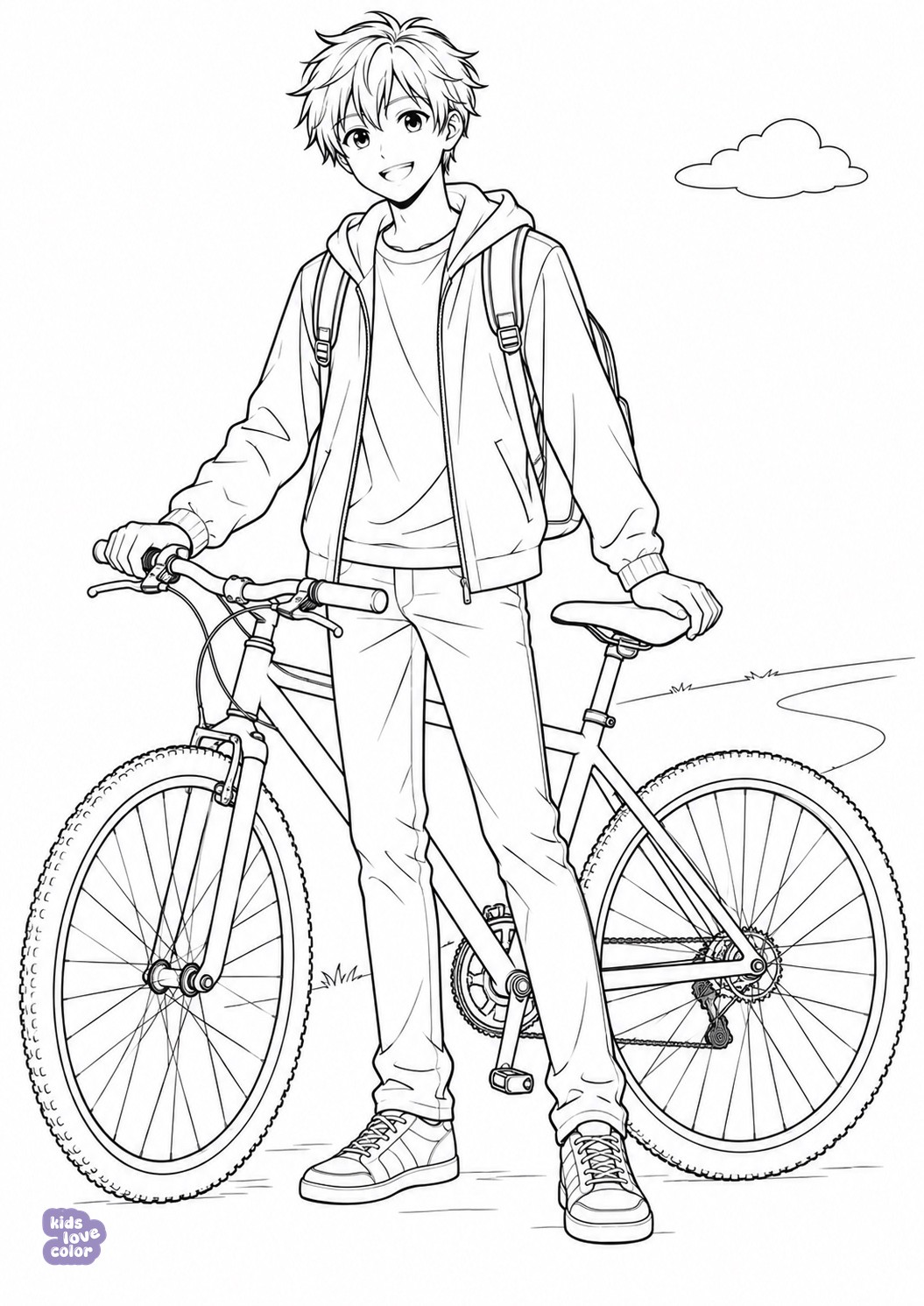 Gratis kleurplaat manga-jongen met een fiets – kinderen