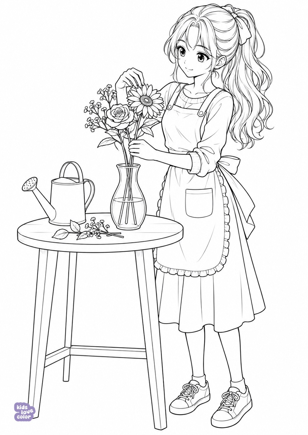 Gratis kleurplaat manga-meisje schikt bloemen – kinderen