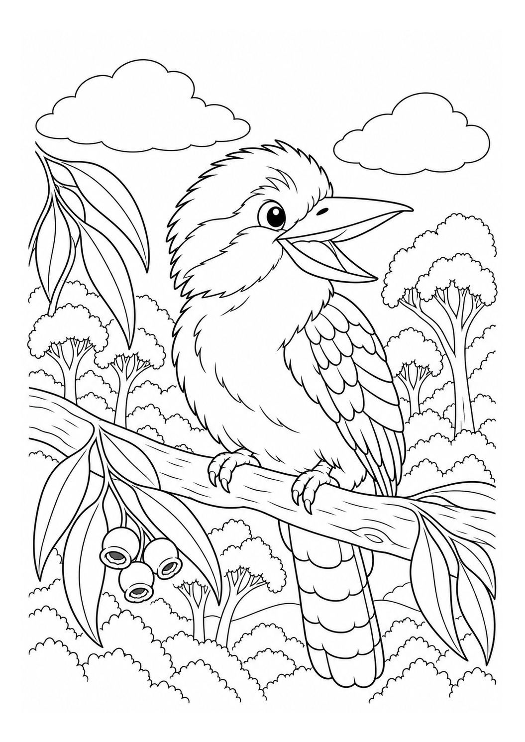 Kleurplaat: Kookaburra op een Eucalyptustak