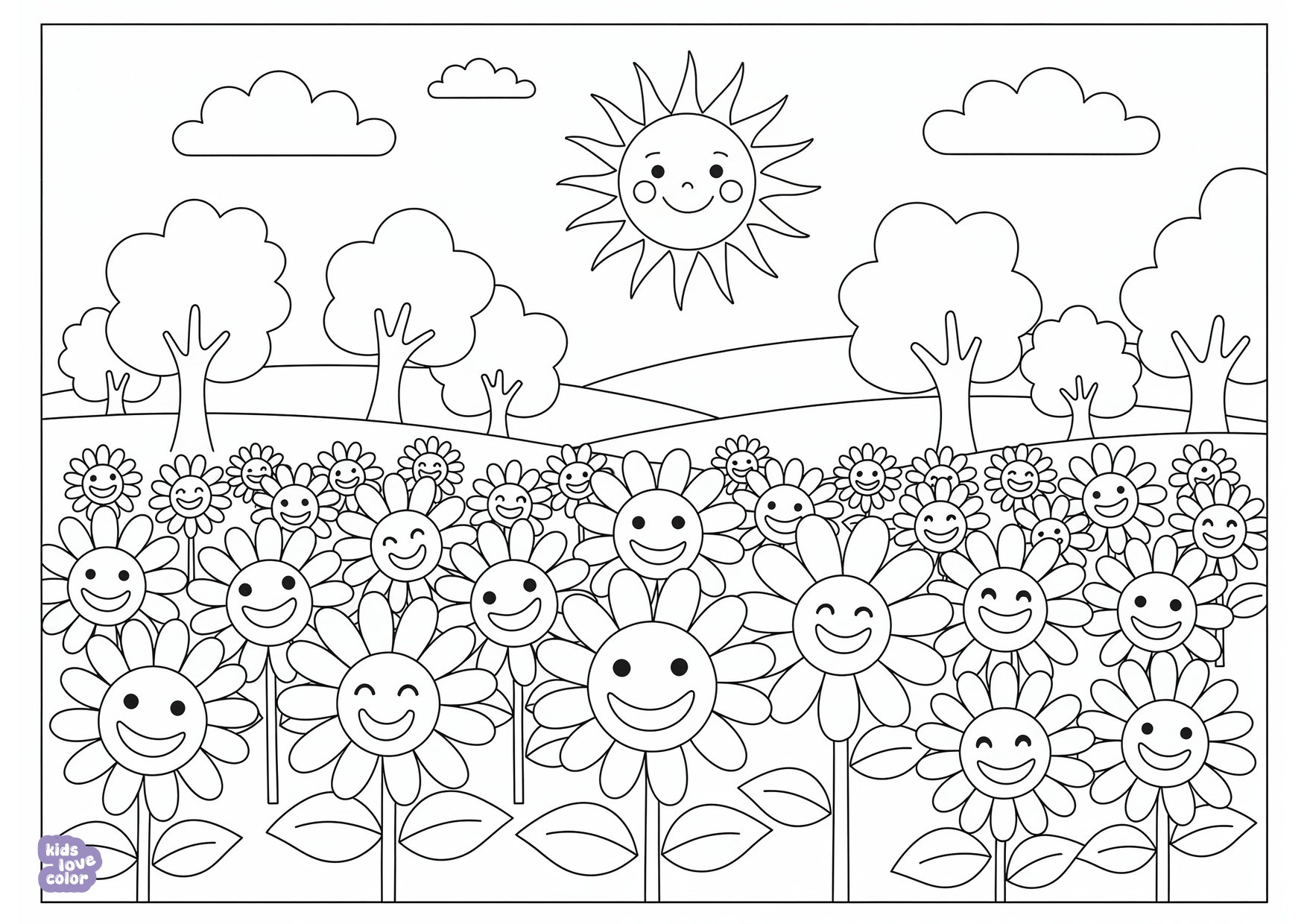 Gratis kleurplaat zonnebloemenveld onder een lachende zon – kinderen