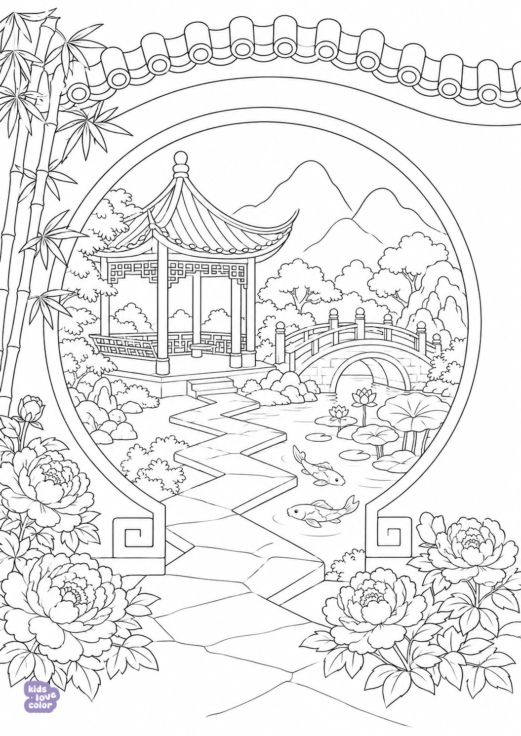Gratis kleurplaat chinese tuin met een maanpoort – kinderen