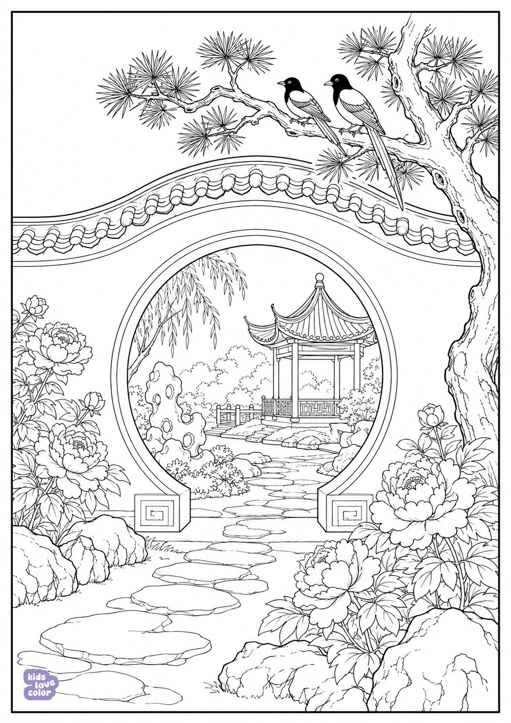 Gratis kleurplaat van een Chinese maangrot met een pioenentuin