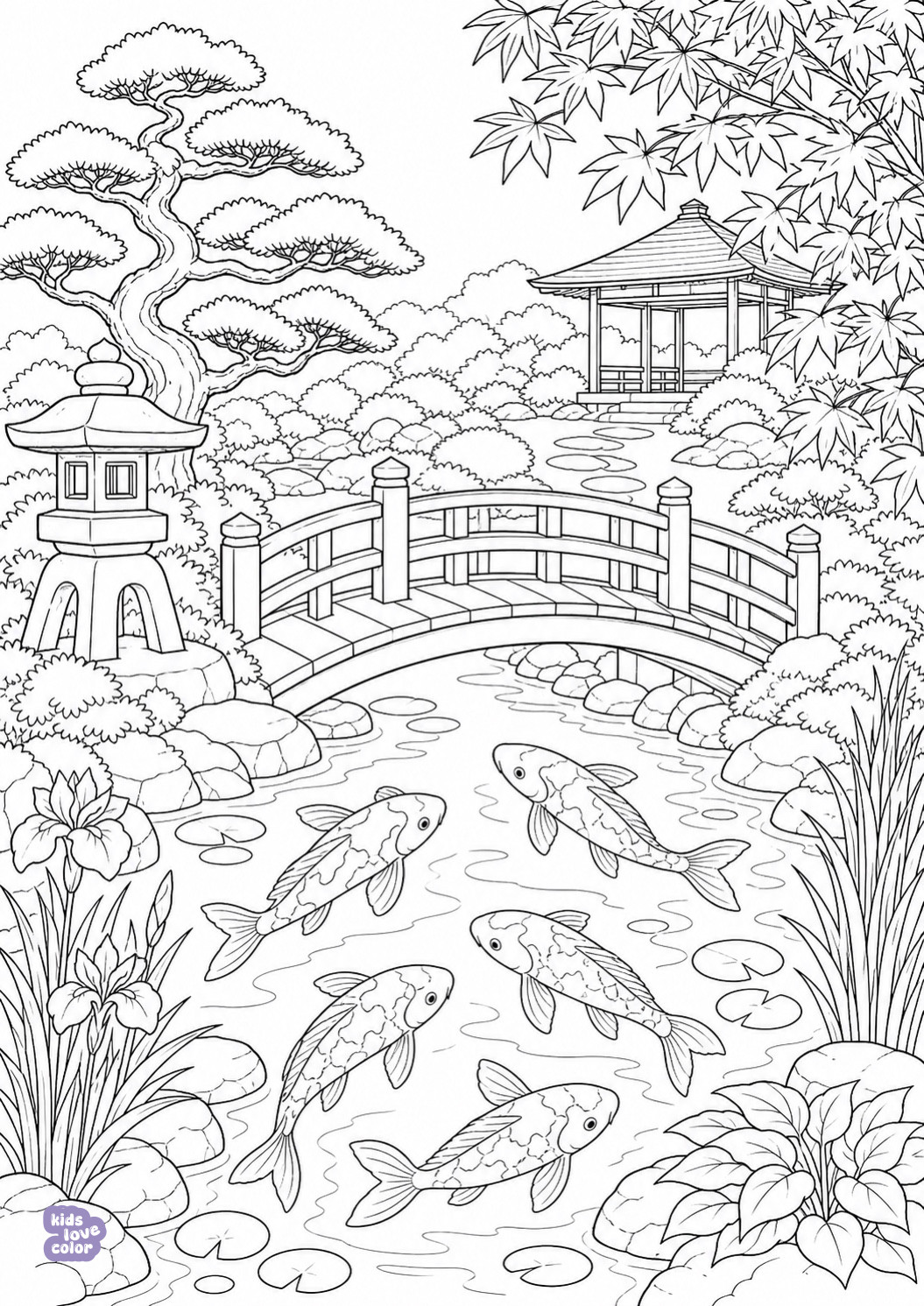 Gedetailleerde kleurplaat van een Japanse tuin met vijf koivissen en een gebogen brug