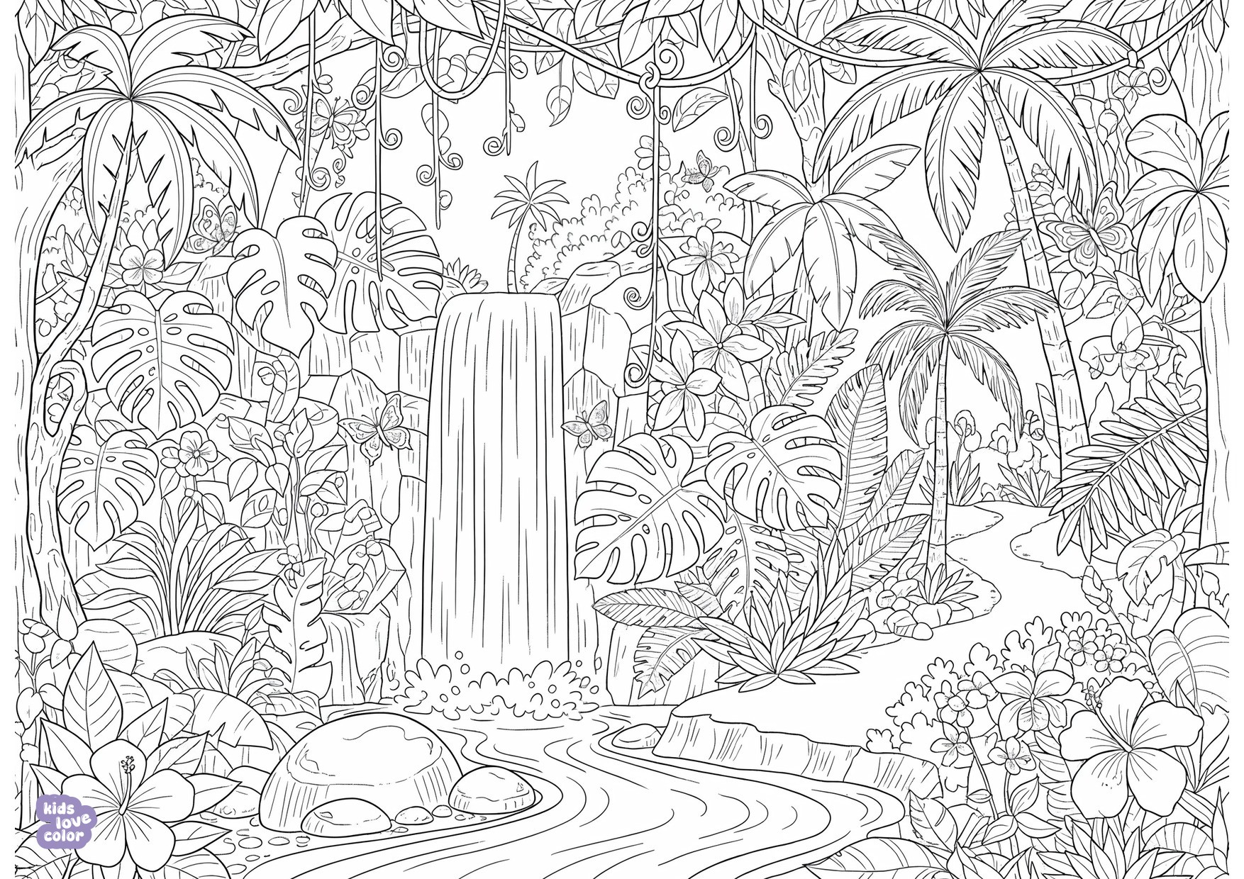 Gratis kleurplaat jungle scène met waterval en planten – kinderen