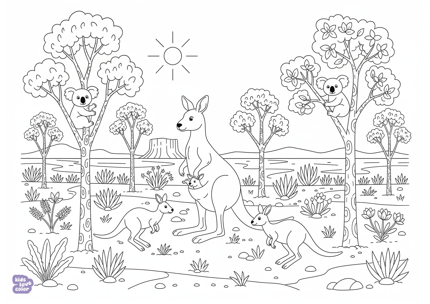 Gratis kleurplaat australisch outback landschap met kangoeroes, koala's en eucalyptusbomen – kinderen