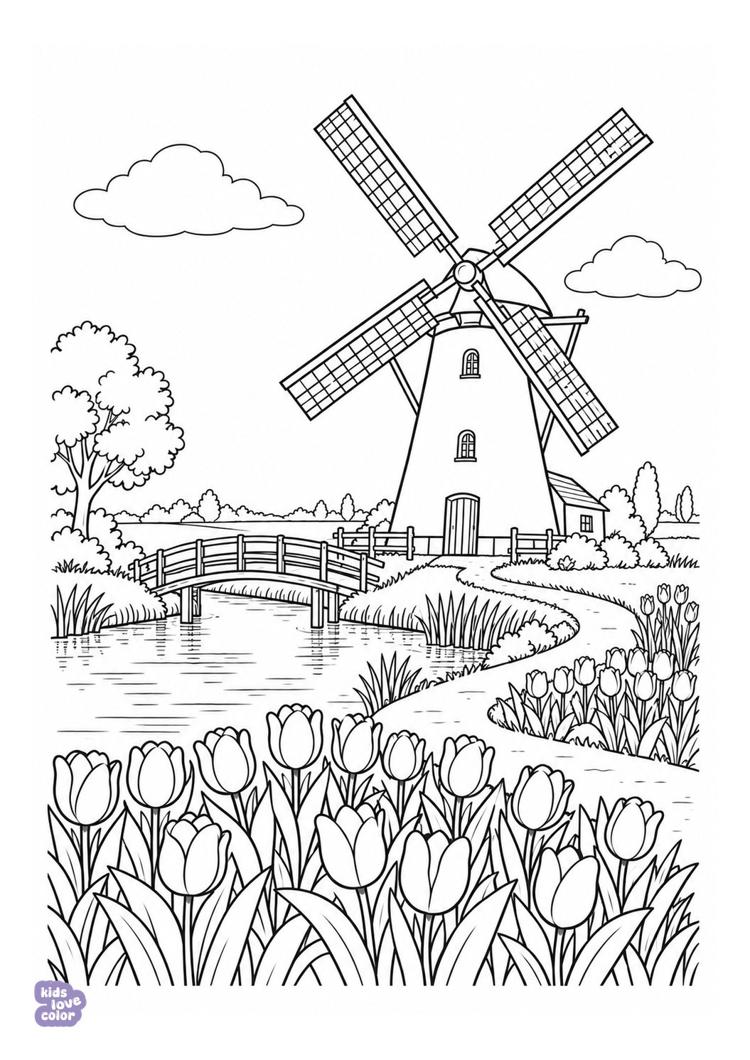 Molen met vier wieken naast een vaart, een bruggetje en rijen tulpen.