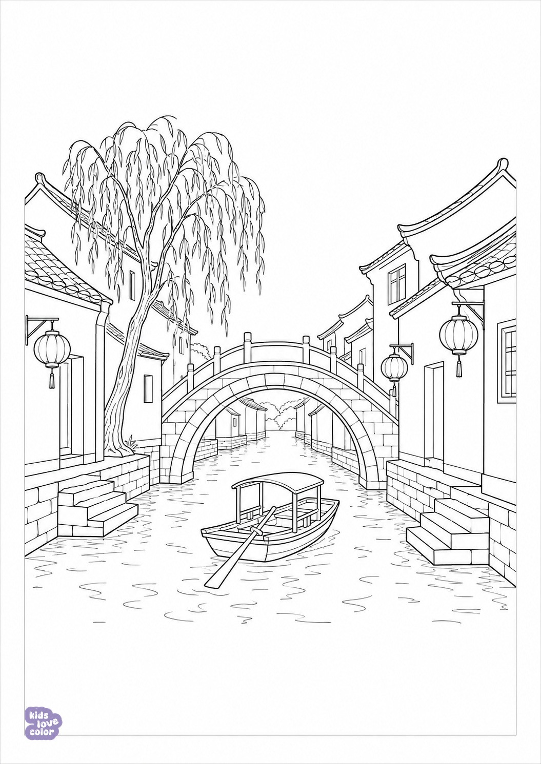 Kleurplaat van een Jiangnan-waterstadje met huizen langs het kanaal, een stenen boogbrug en een boot