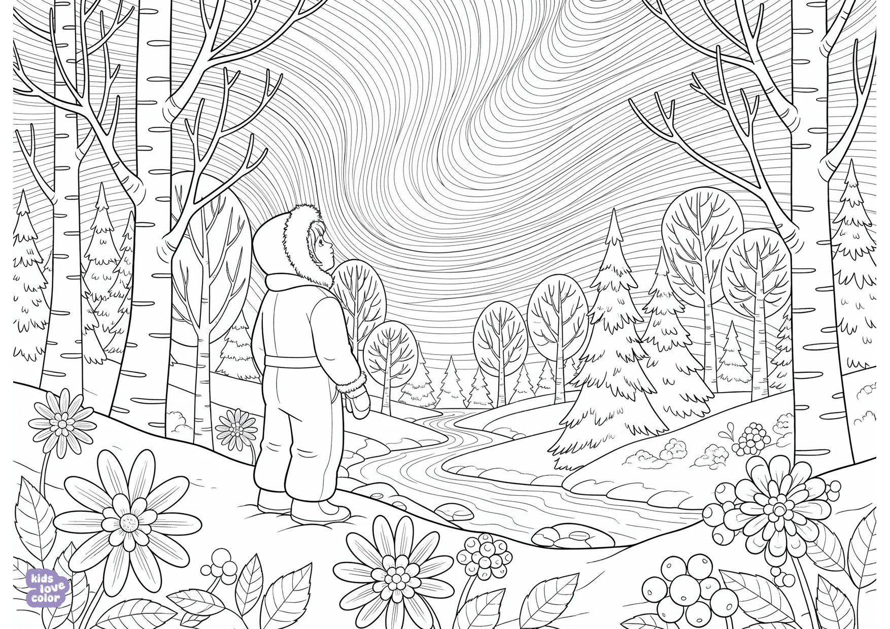 Gratis kleurplaat noords winterlandschap met een kind dat naar het noorderlicht kijkt – kinderen