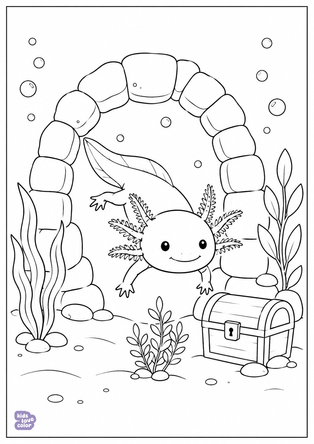 Gratis kleurplaat van een axolotl bij een schatkist onder water