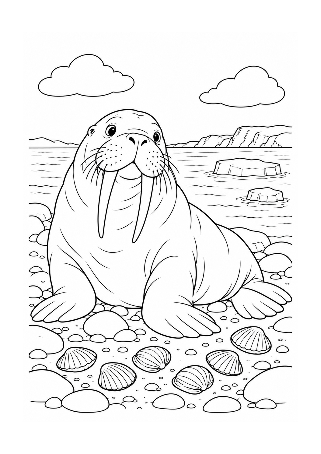 Kleurplaat: Walrus Tussen Schelpen en IJsblokken