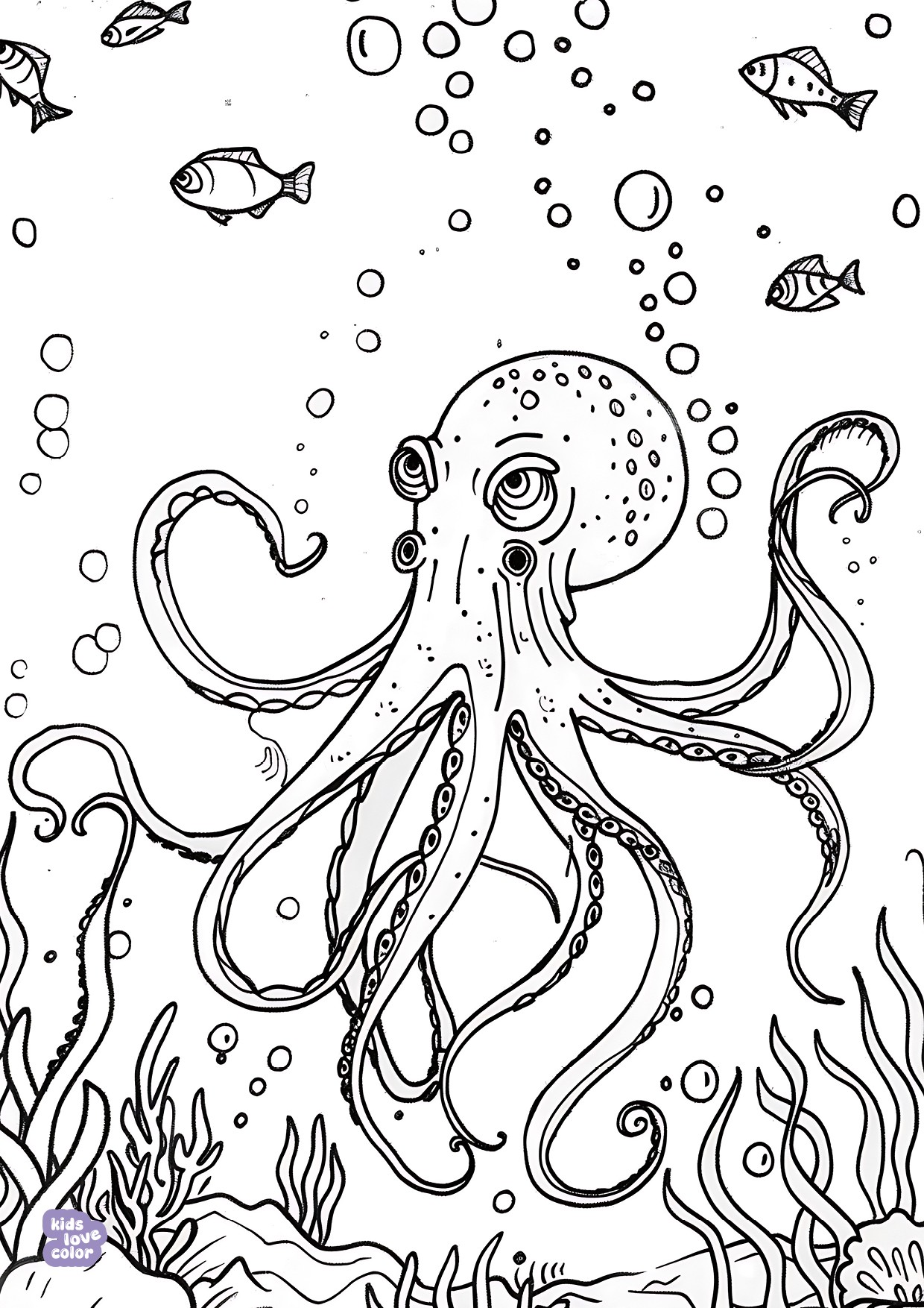 Gratis kleurplaat octopus met zeewier