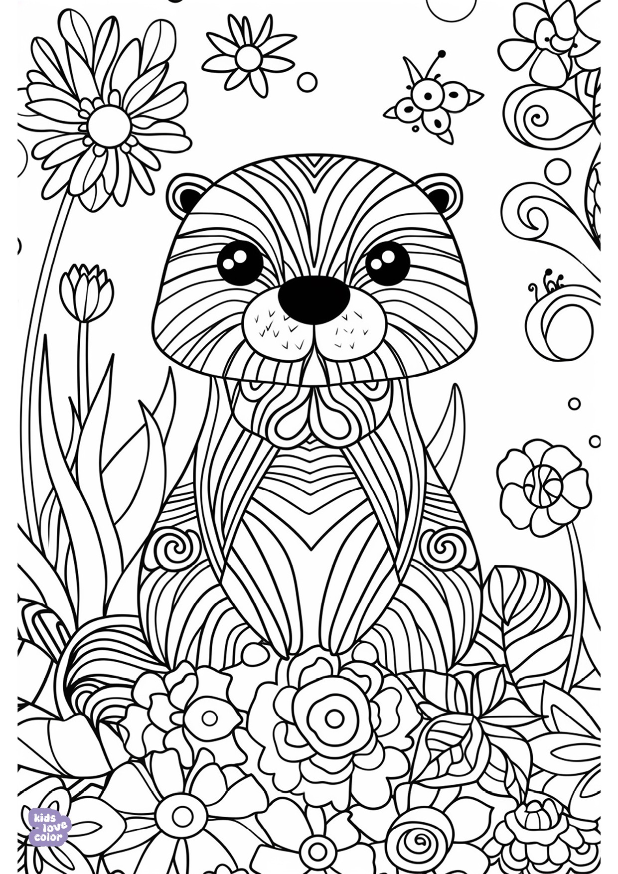 Gratis kleurplaat otter met bloemen – kinderen