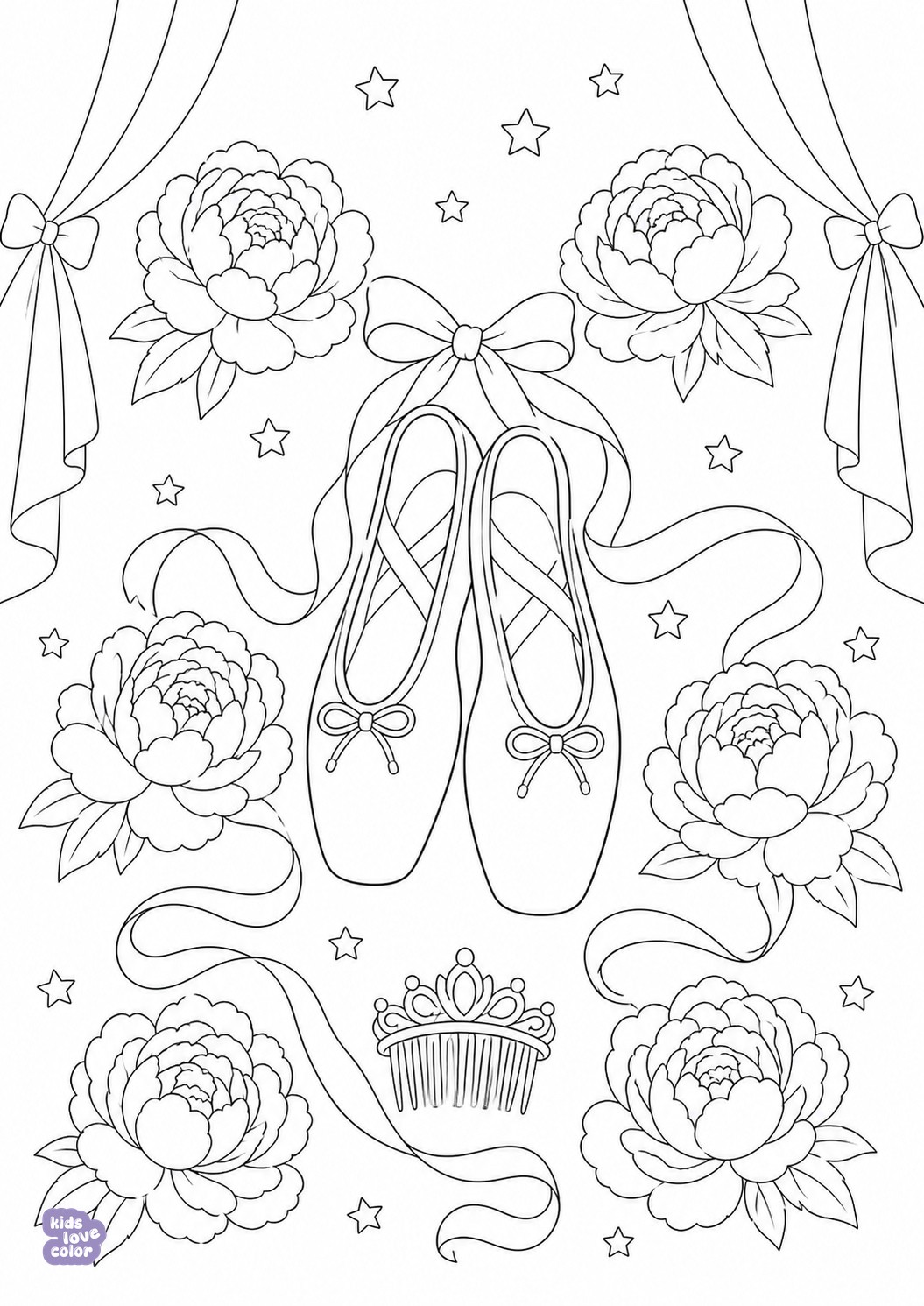 Gratis kleurplaat balletschoenen met pioenrozen – kinderen