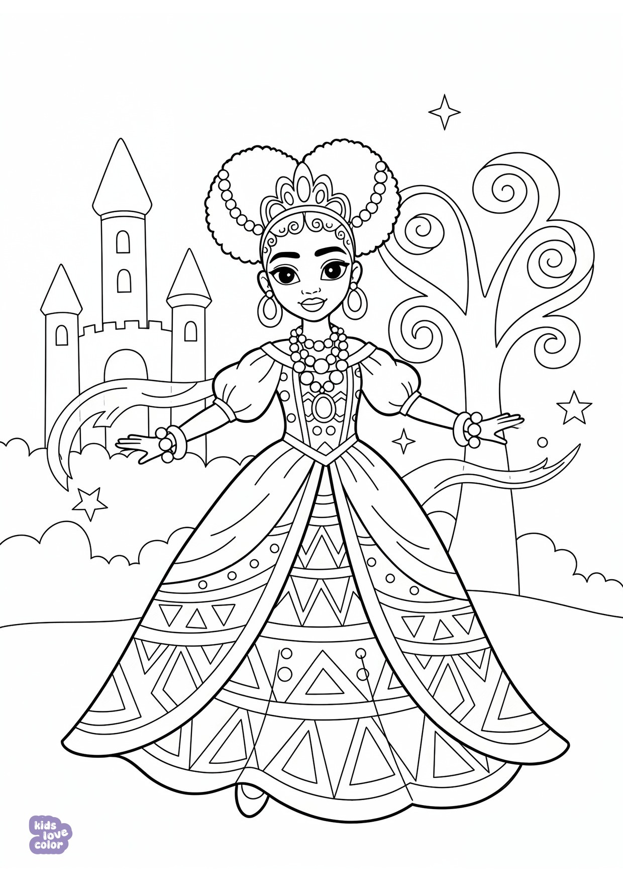 Gratis kleurplaat afrikaanse prinses in kleurrijke traditionele jurk met kralensieraden – kinderen