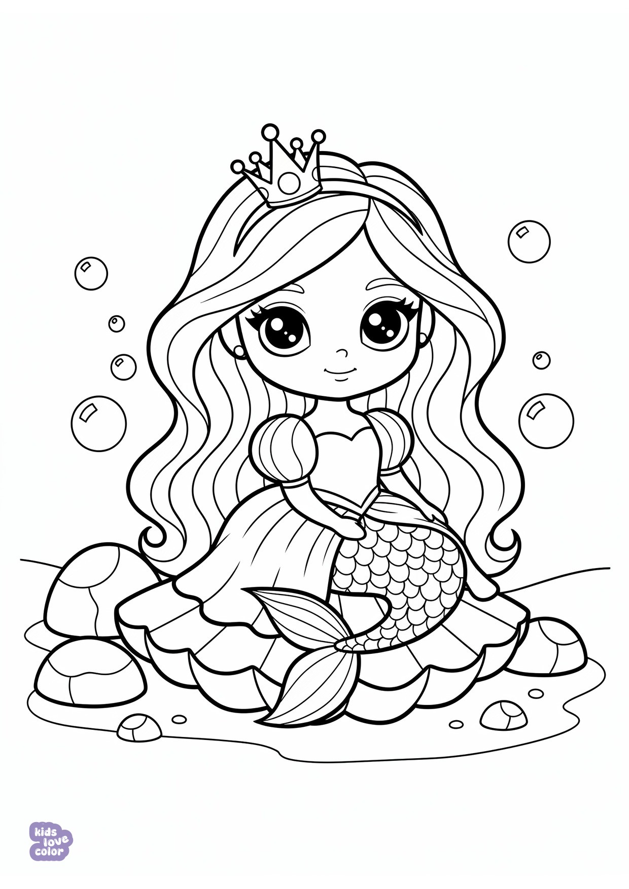 Gratis kleurplaat chibi zeemeermin zittend op een schelp – kinderen