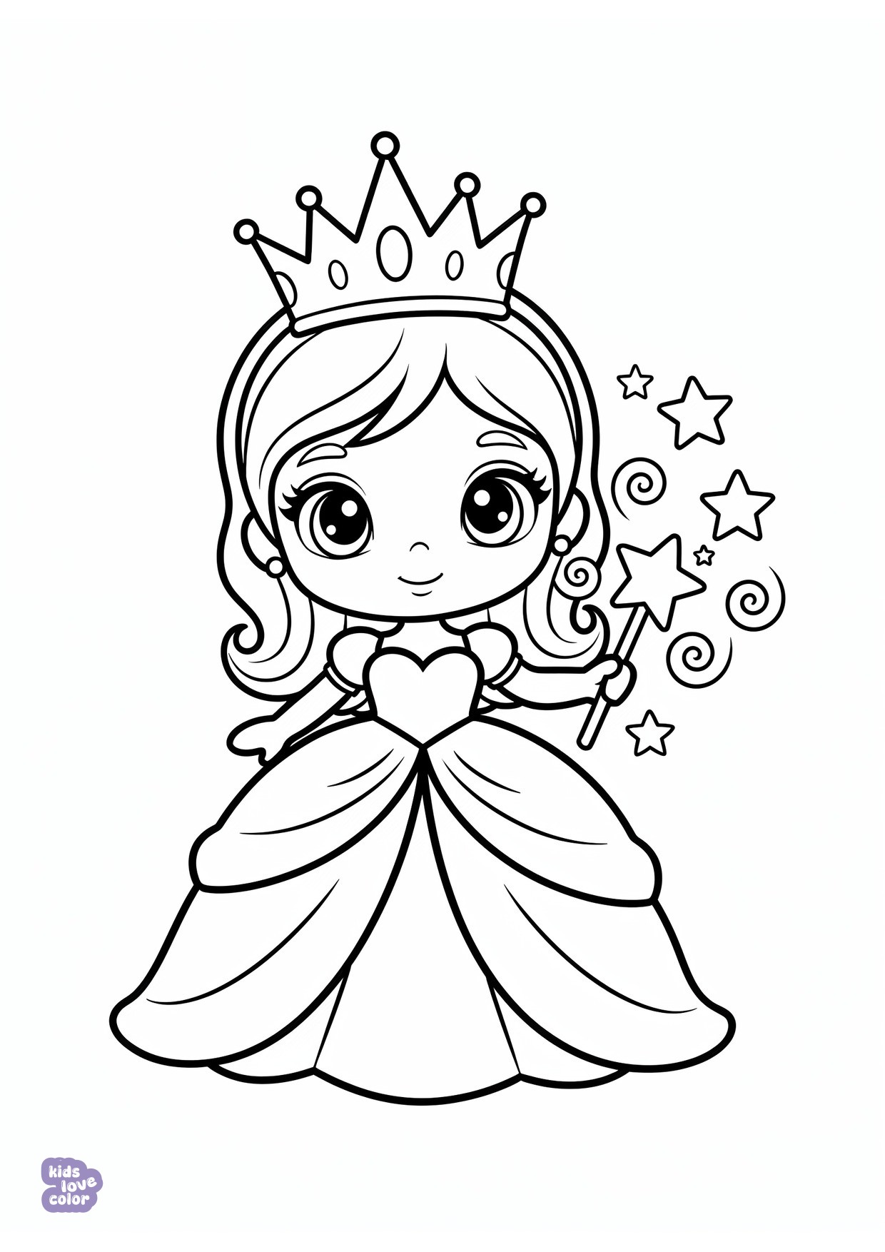Gratis kleurplaat chibi prinses met kroon die een toverstokje vasthoudt – kinderen